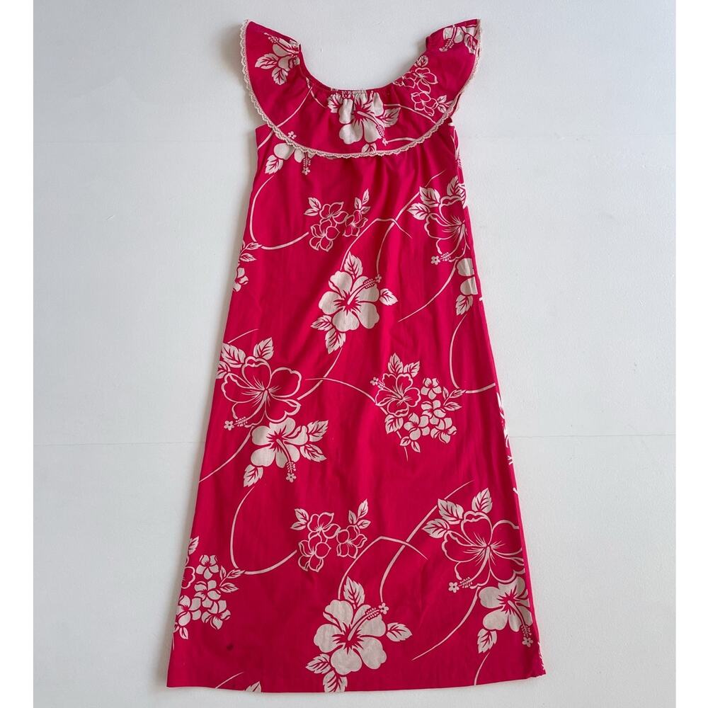 Vtg 70s Made In Hawaii Red Tropical Floral Ruffle Maxi MuuMuu Dress / S/M Retro
